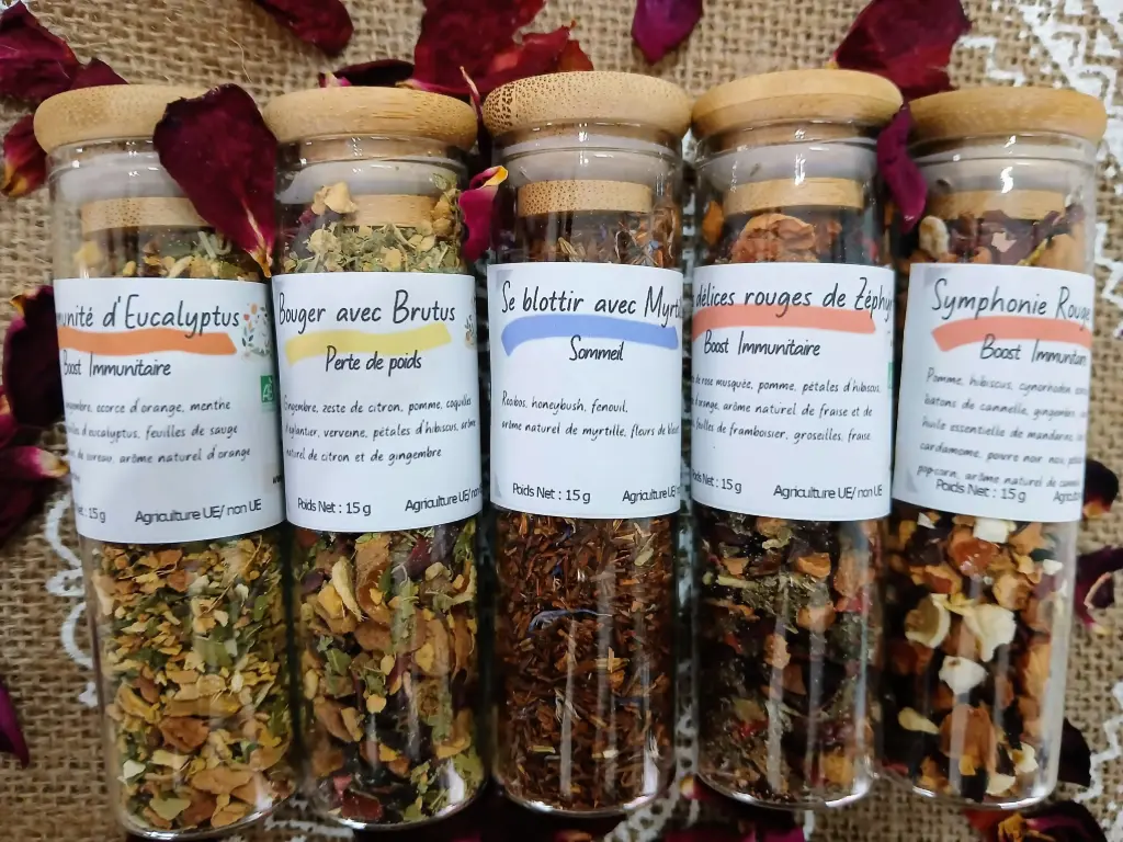 Offre Découverte – 5 Fioles "Infusion Bio" en Verre & Bambou-  vrac 10g à 15g